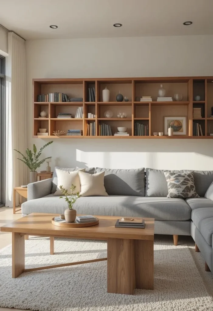  Wood tone furniture accents in gray and brown living room
