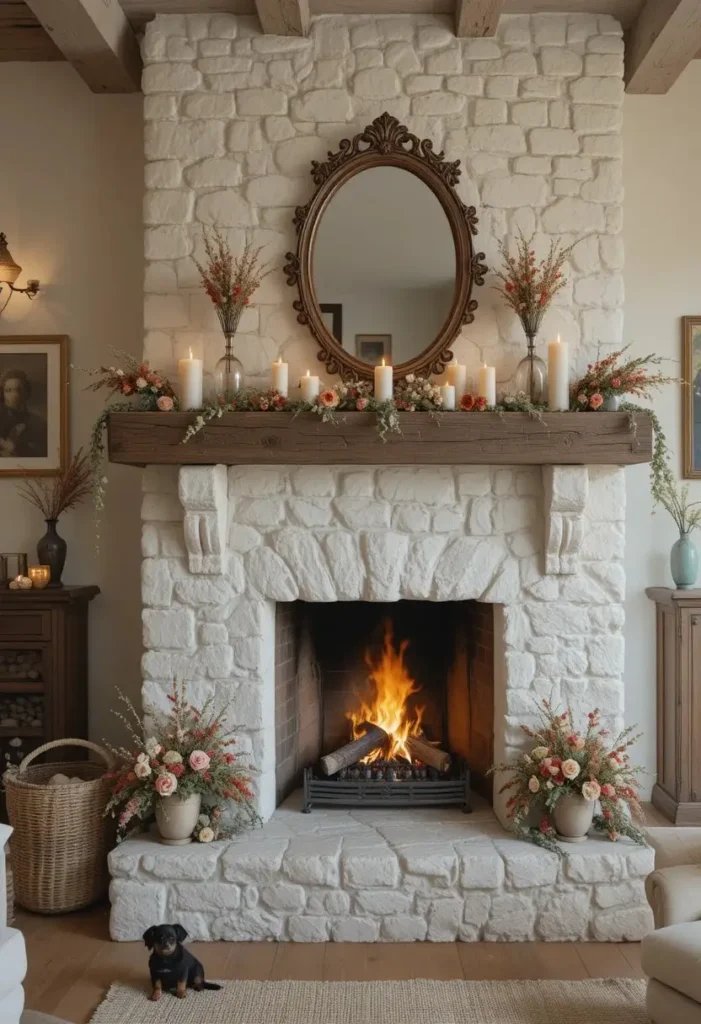 Whitewashed stone fireplace in a cozy cottage living room