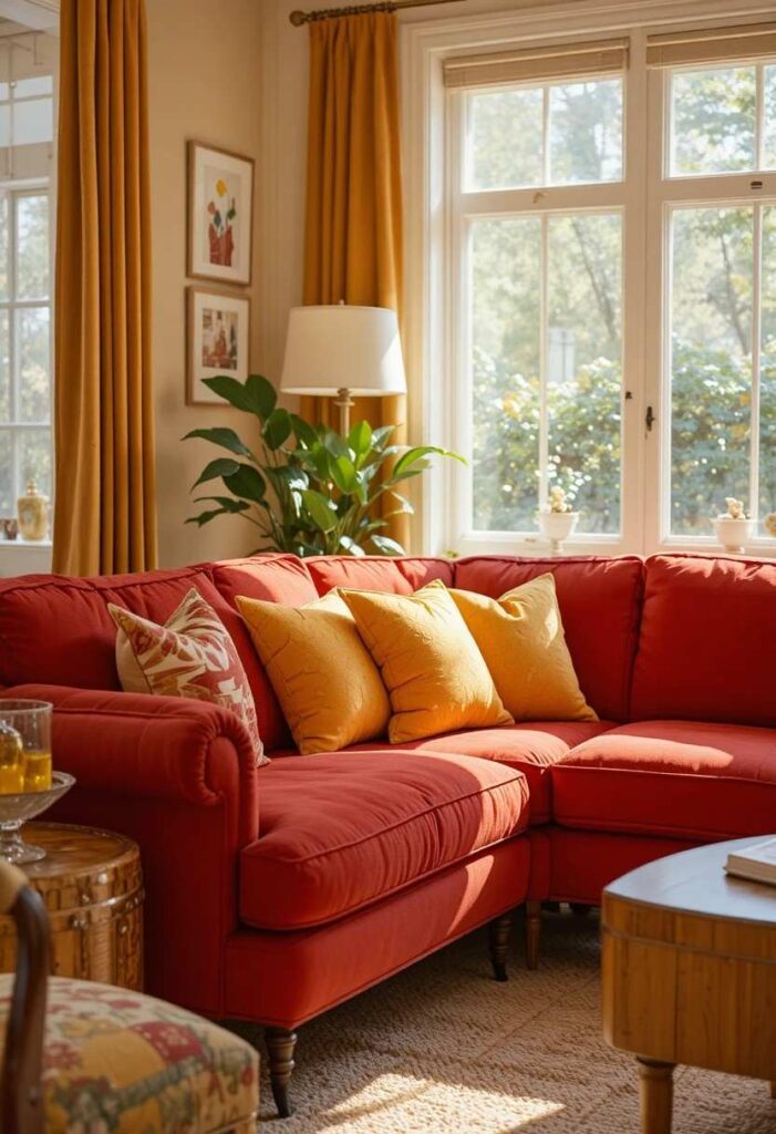 Red couch living room with mustard yellow accents
