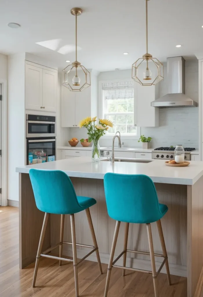Bold teal bar stools adding color to a neutral kitchen island