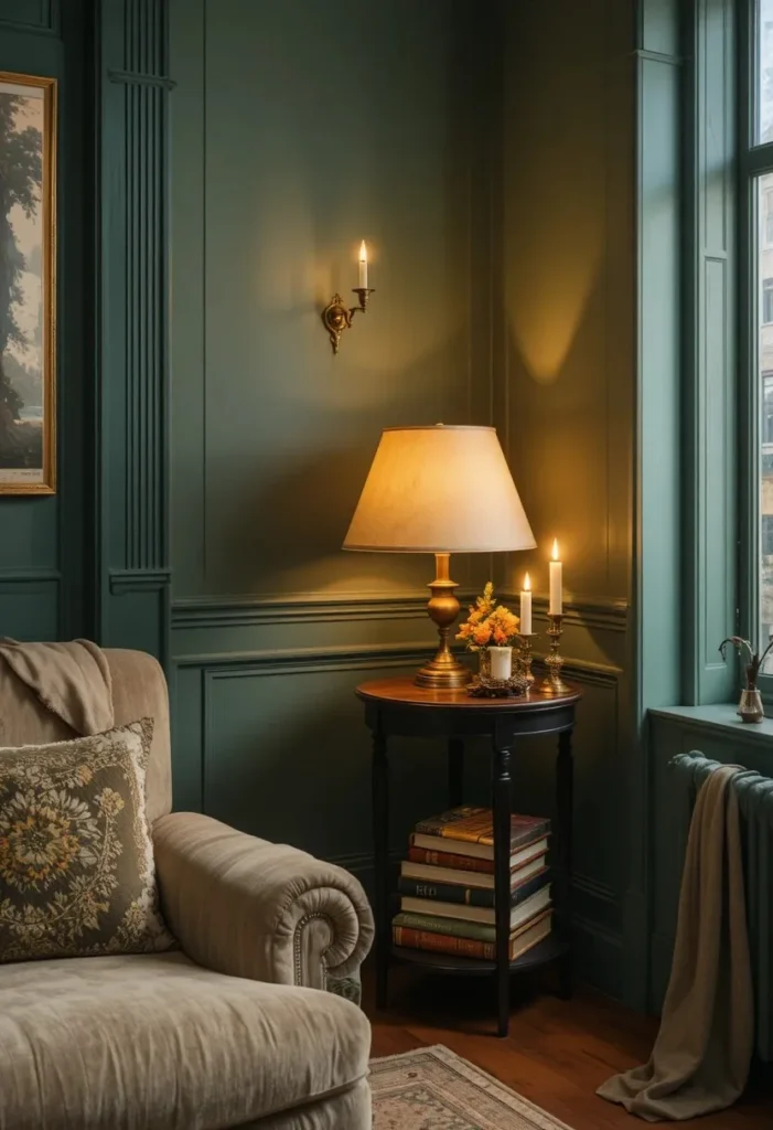 Warm ambient lighting in a dark academia style living room