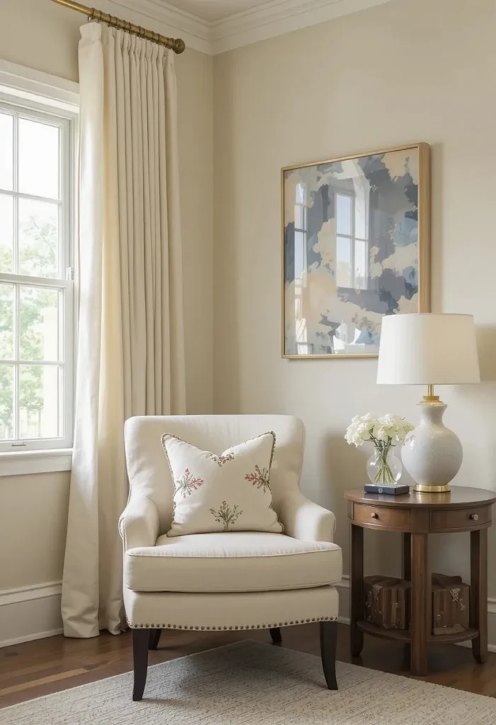Cream accents softening gray and brown living room palette