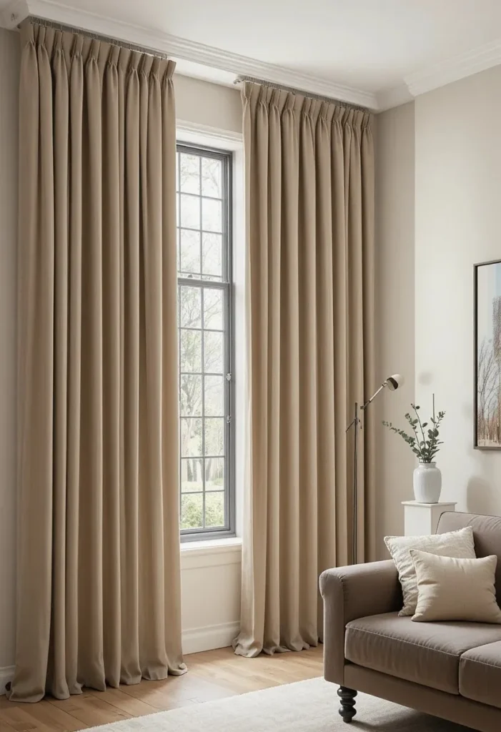 Floor length taupe curtains in gray and brown living room