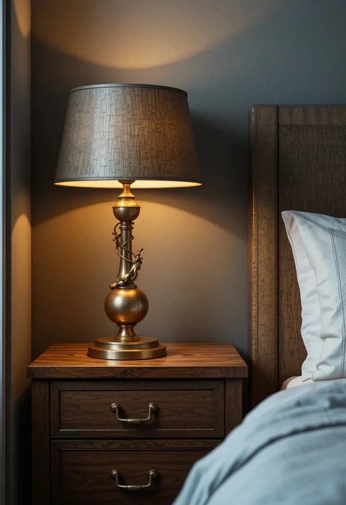 Brass lamp and gold accents in gray and brown living room
