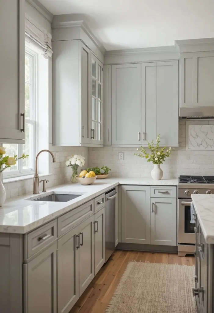 Classic warm gray kitchen cabinets with neutral countertop styling