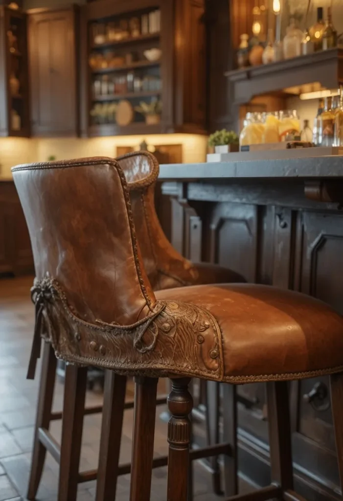 Cognac leather bar stools with warm wood legs
