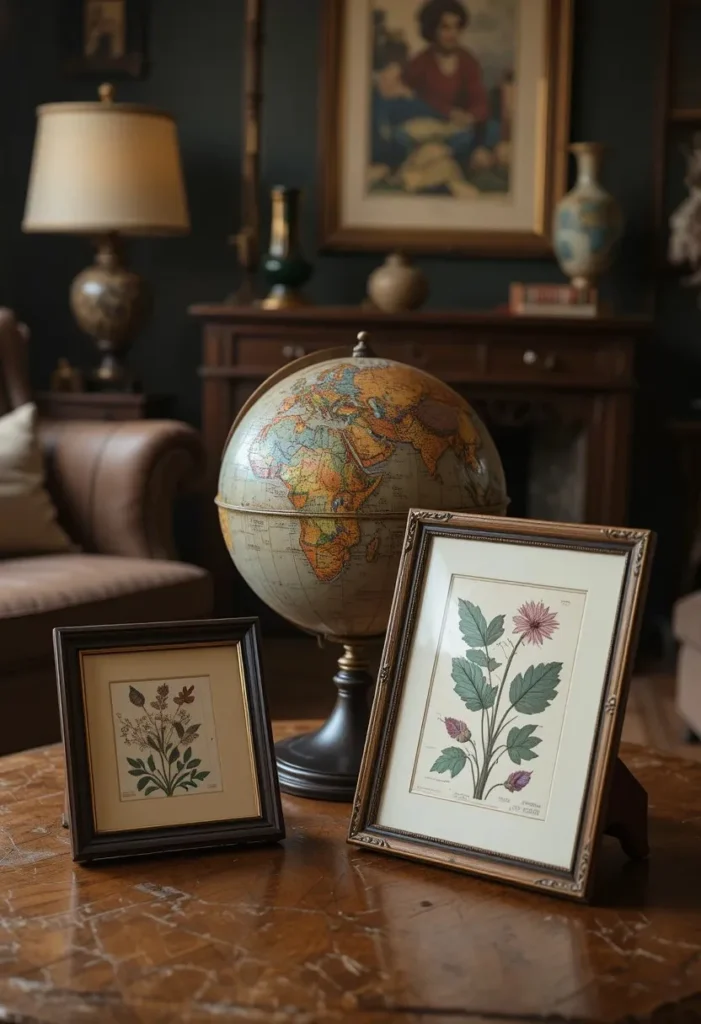 Vintage globe and botanical decor on a coffee table
