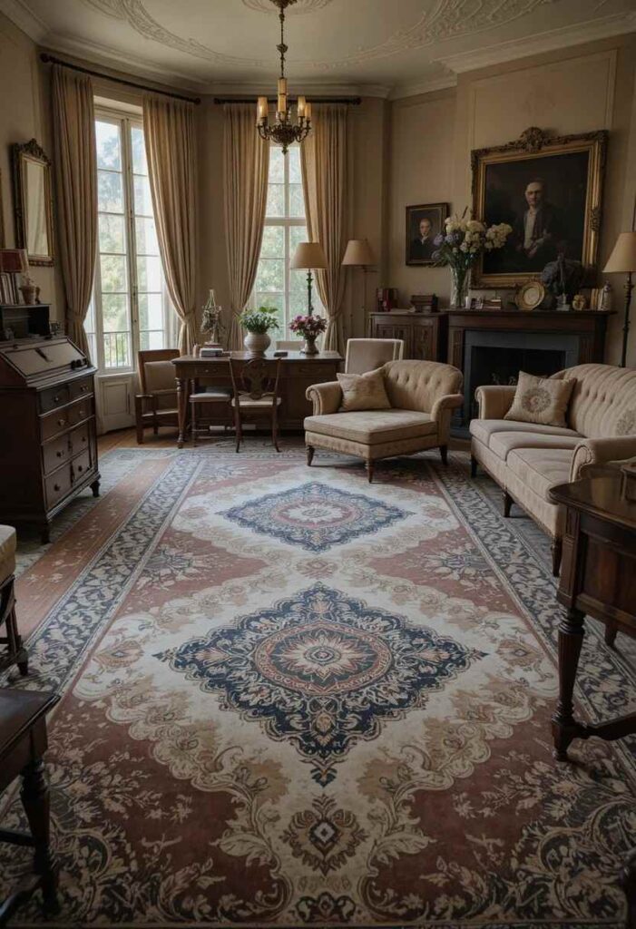 Vintage style living room carpet with faded medallion pattern