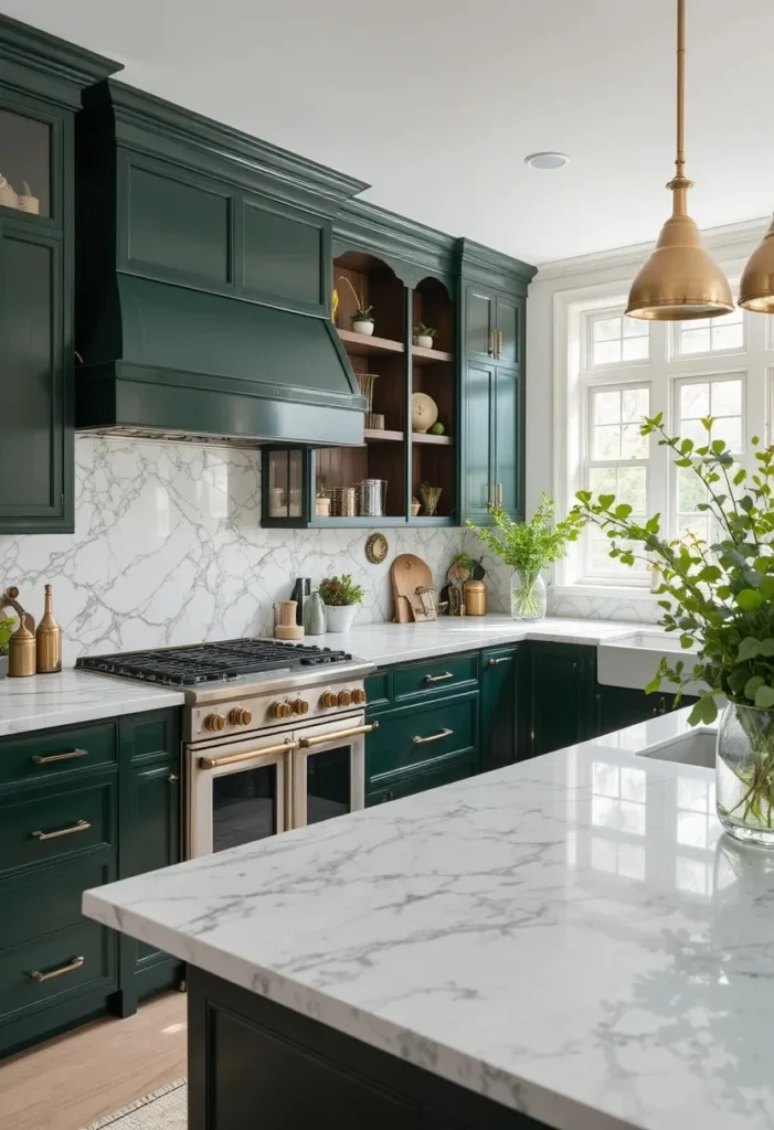 Deep forest green kitchen cabinets with marble counters and brass accents
