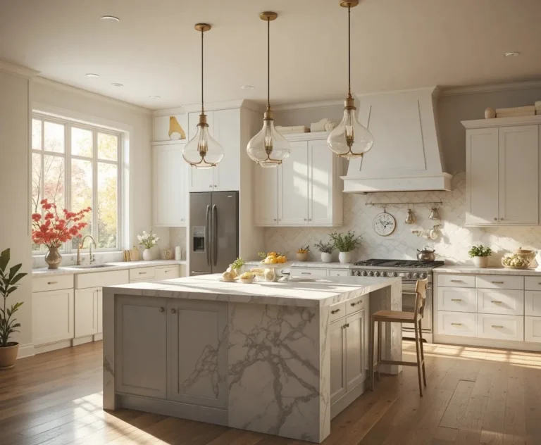 Kitchen island with pendant lights creating a warm, inviting glow
