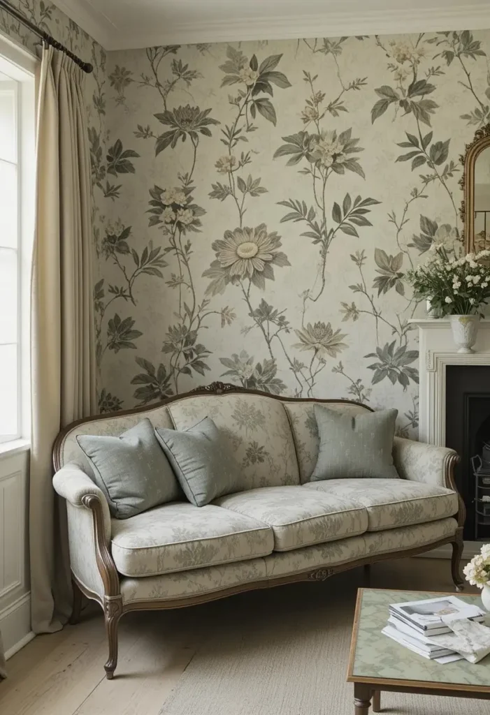 Muted botanical wallpaper accent wall in vintage living room