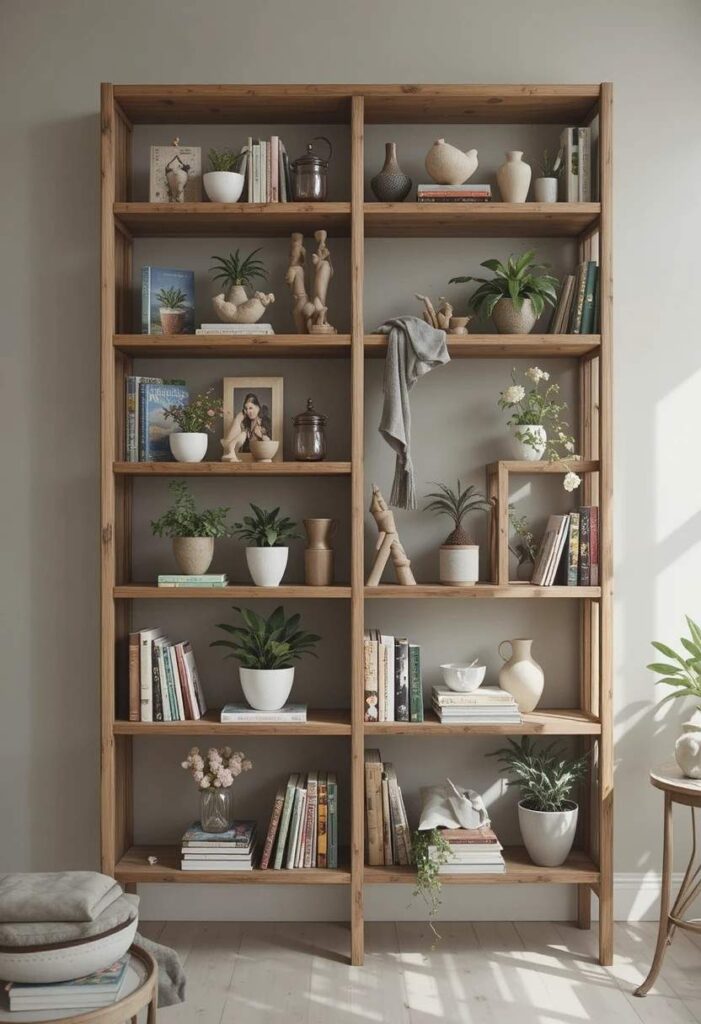 Open shelving display idea for living room decor styling
