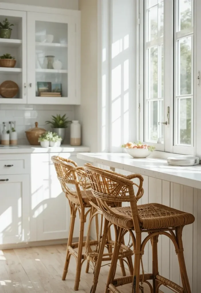 Woven rattan bar stools adding natural texture near a sunlit kitchen window