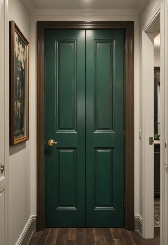 Forest green pantry door with brass knob as kitchen focal point