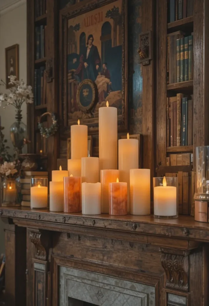 Cluster of candles styled in a dark academia living room
