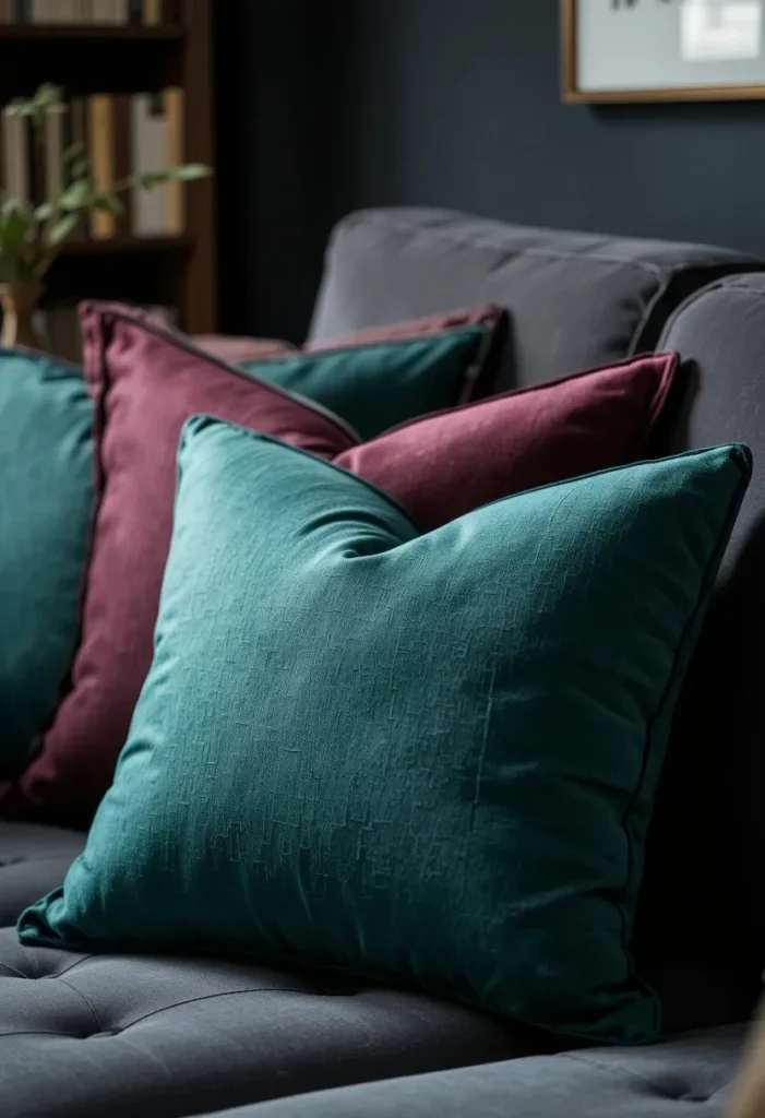 Velvet throw pillows in emerald and wine tones on a dark sofa
