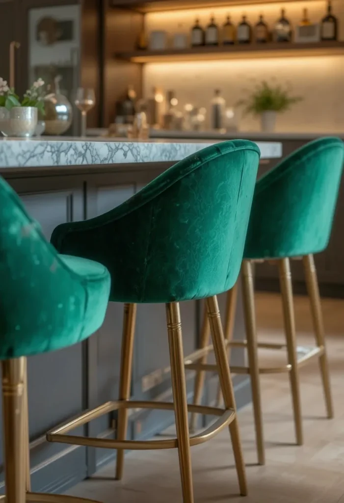 Emerald velvet bar stools with brass legs at a kitchen island