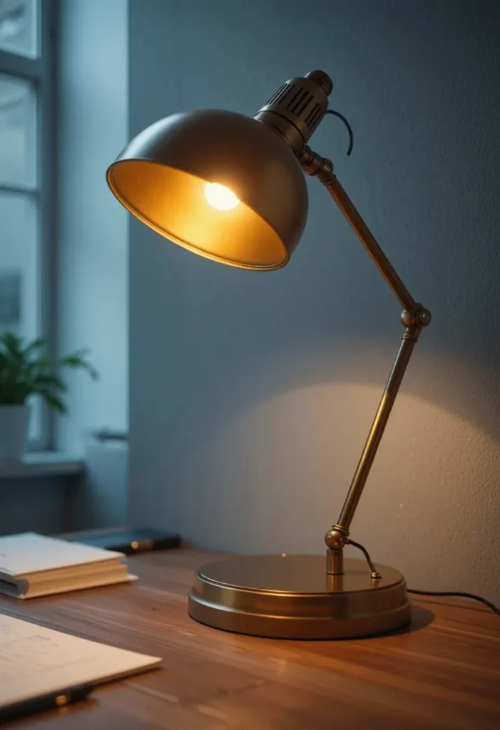 Brass statement task lamp adding warm light to living room desk