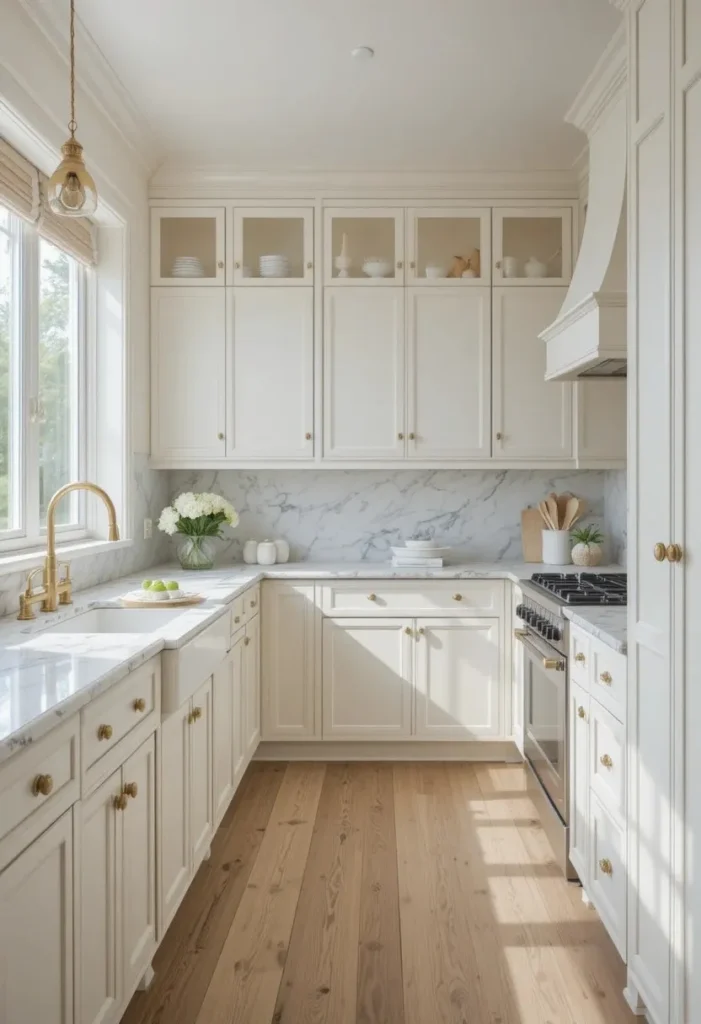 Warm white kitchen cabinets with marble backsplash and brass faucet