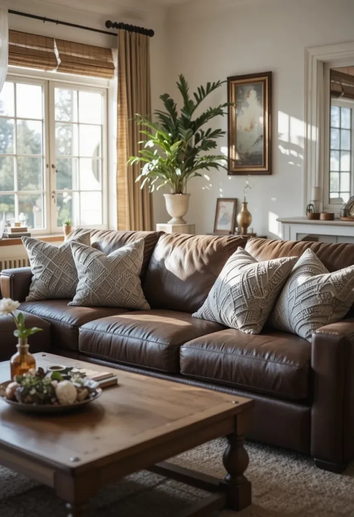 Brown leather sofa with gray throw pillows in living room