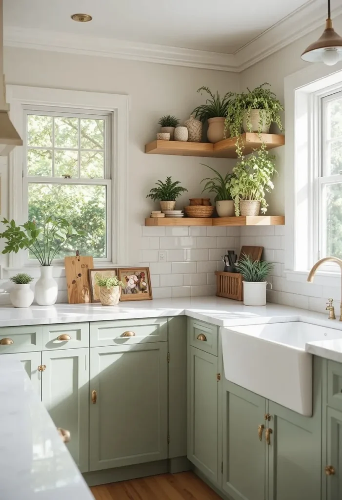 Sage green kitchen cabinets with brass hardware and natural light