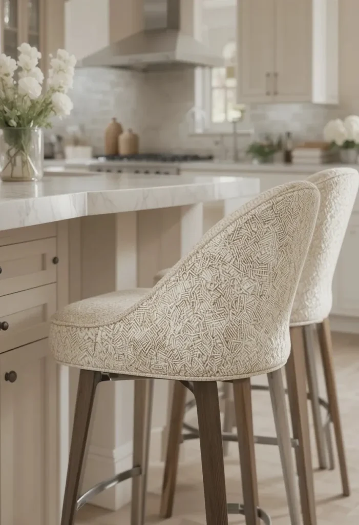 Cream boucle bar stools with curved shapes at a kitchen island