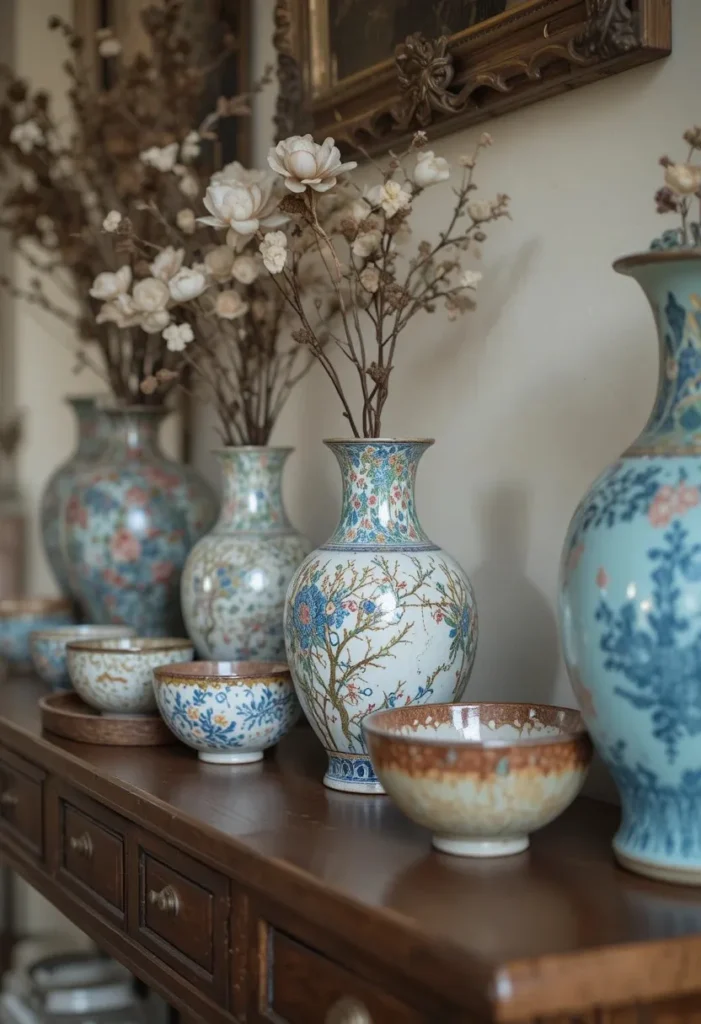 Hand painted vintage ceramics on a wooden console table