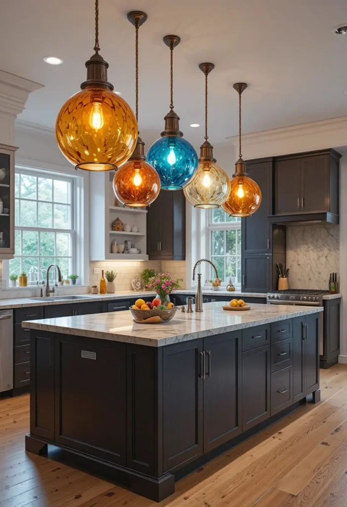 Colorful amber and blue glass pendant lights over kitchen island
