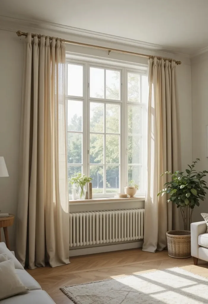  Simple linen curtains in mid century modern living room
