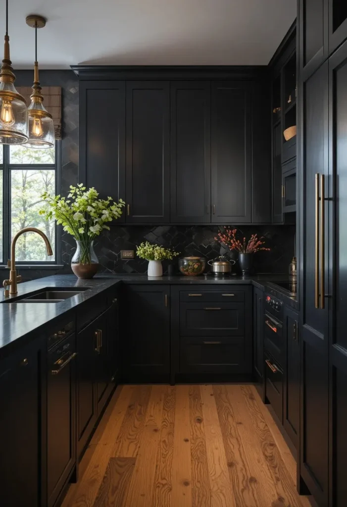 Charcoal black kitchen cabinets with gold hardware and warm lighting
