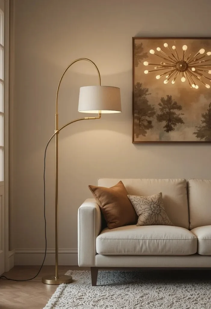 Arc floor lamp and sputnik chandelier in mid century living room
