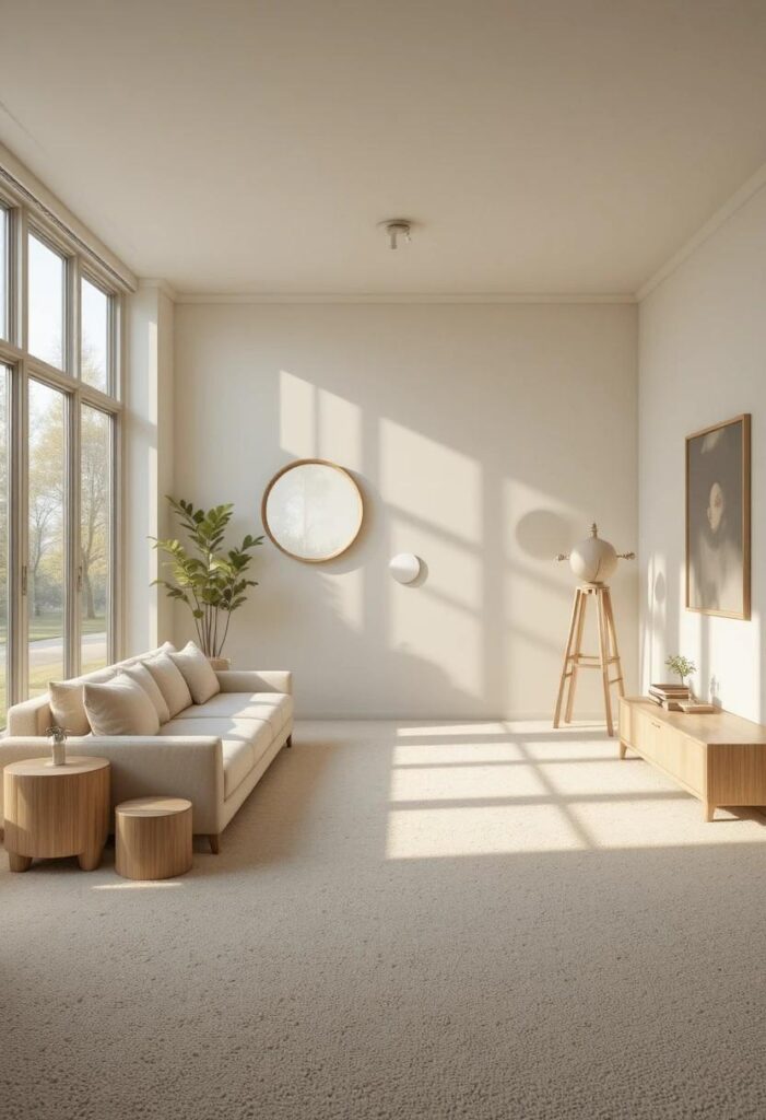 Neutral beige living room carpet creating a warm timeless base