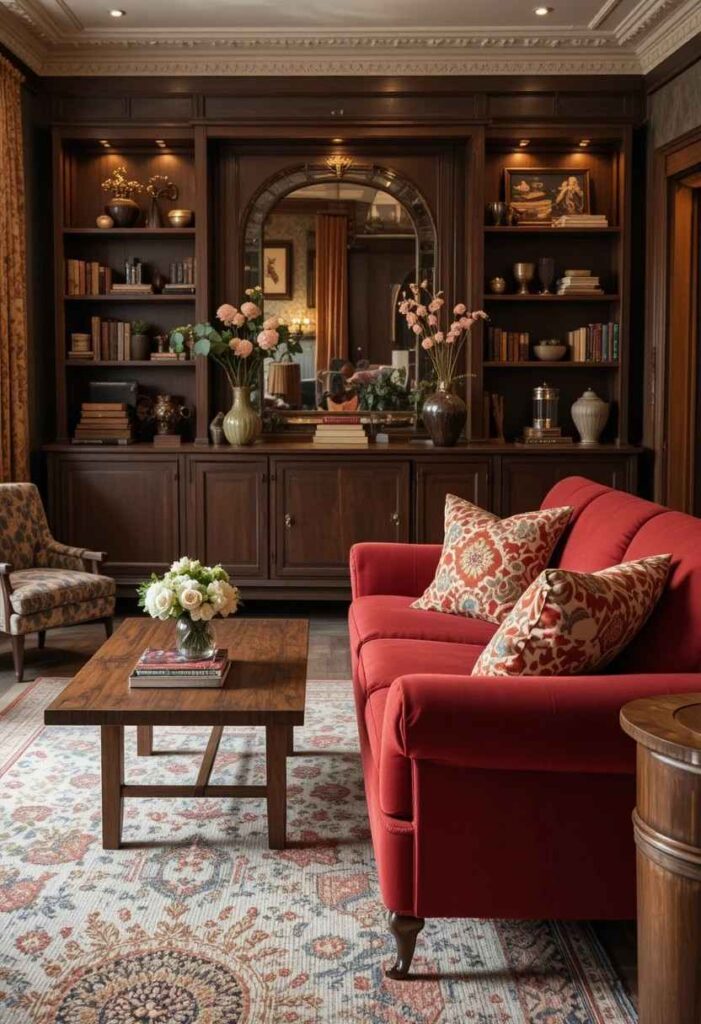Red couch living room with dark wood furniture accents