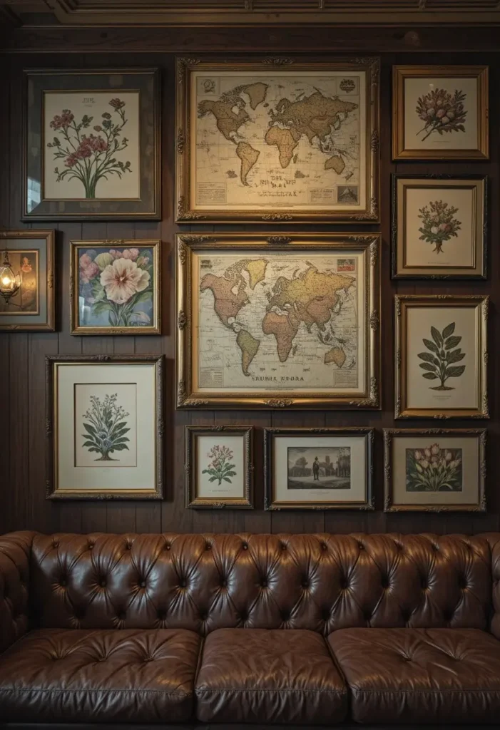 Vintage map and botanical art wall in a dark academia living room
