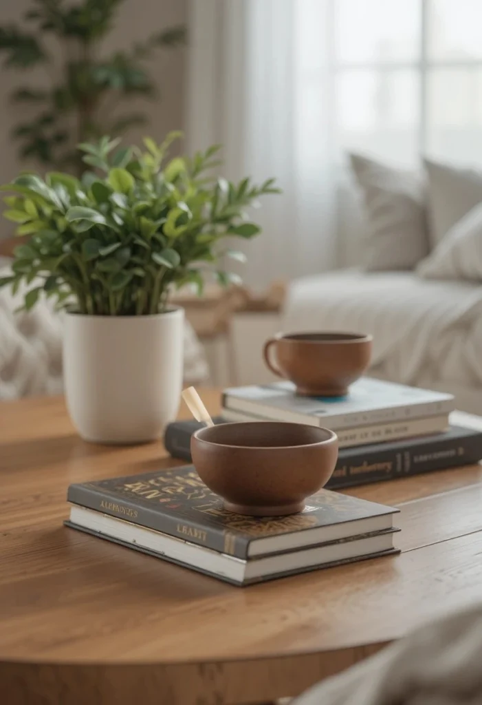 Styled coffee table decor in gray and brown living room