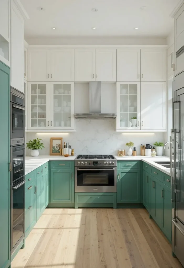 Two tone kitchen with white upper cabinets and green lower cabinets