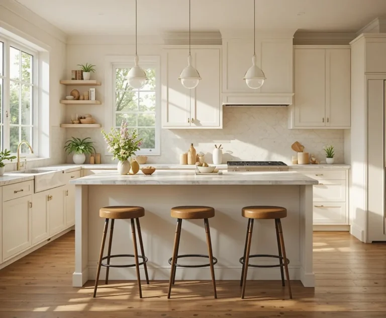 Kitchen bar stools styled around a modern island in a bright, warm kitchen
