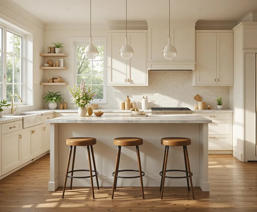 Kitchen bar stools styled around a modern island in a bright, warm kitchen