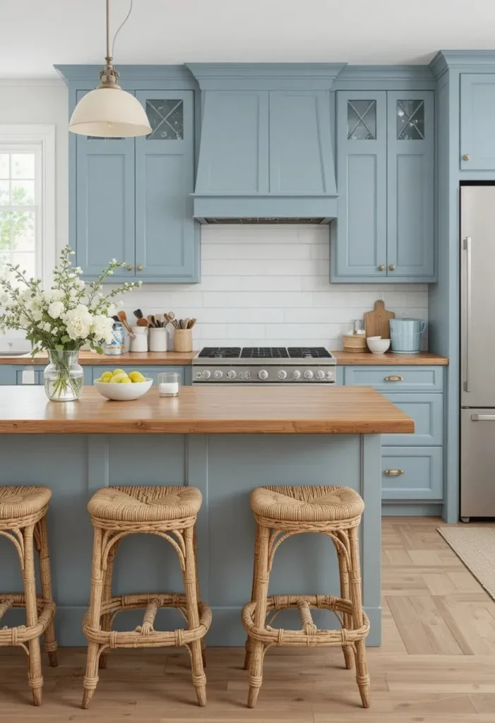 Dusty blue kitchen cabinets with coastal shiplap styling
