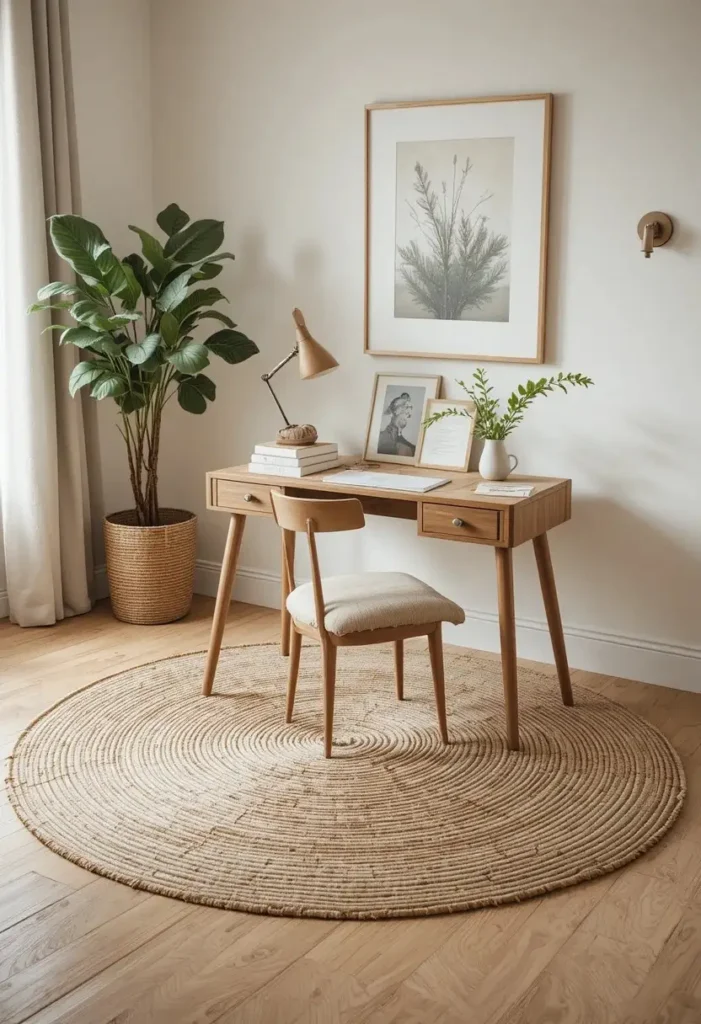 Cozy area rug styled underneath desk in living room