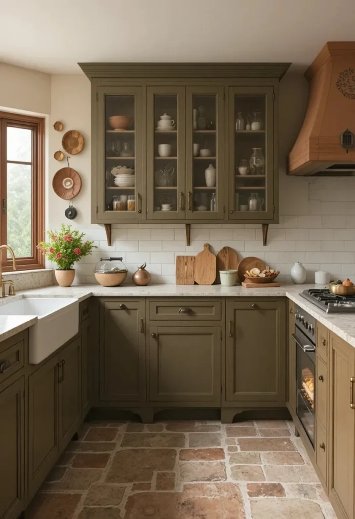 Olive green farmhouse kitchen cabinets with terracotta and brass accents