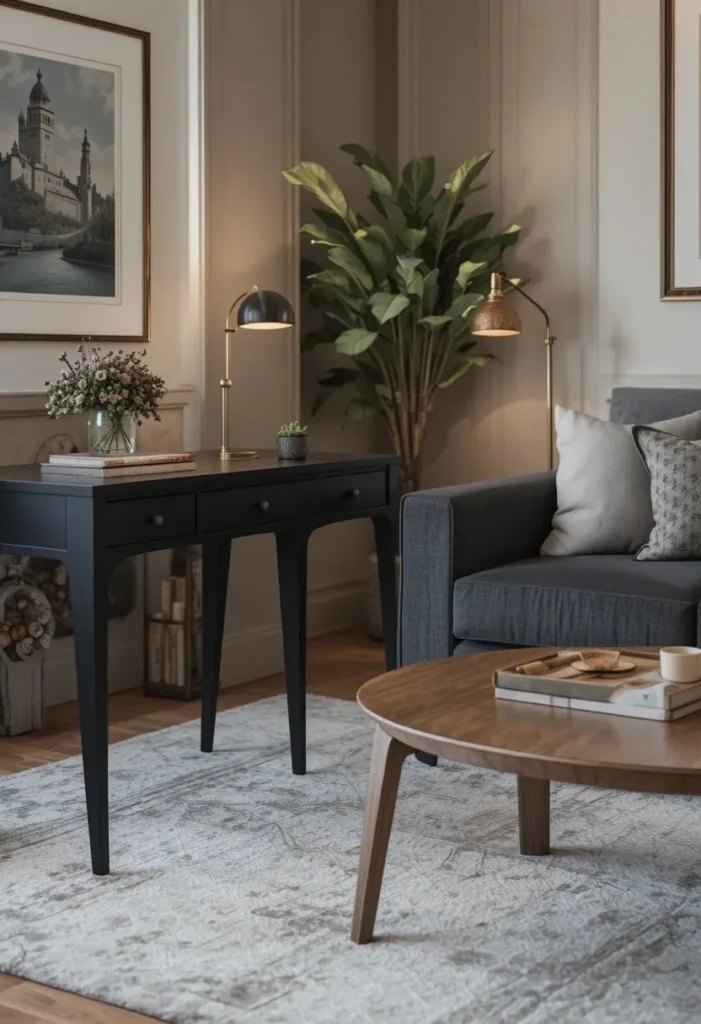 Living room desk matching sofa and furniture tones for cohesive decor
