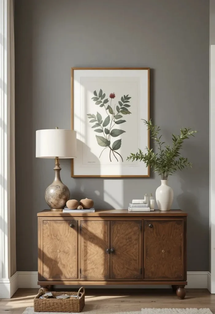 Botanical wall art in gray and brown living room