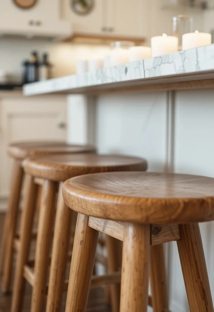 Warm wood tone kitchen bar stools against white cabinetry
