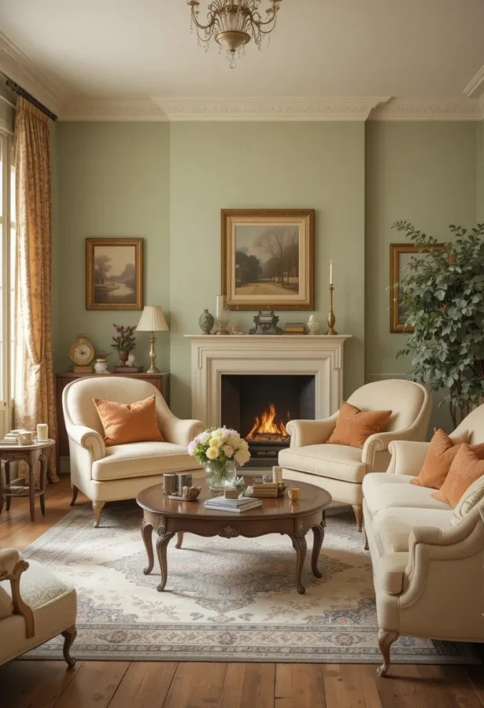 Vintage living room in muted earthy color palette