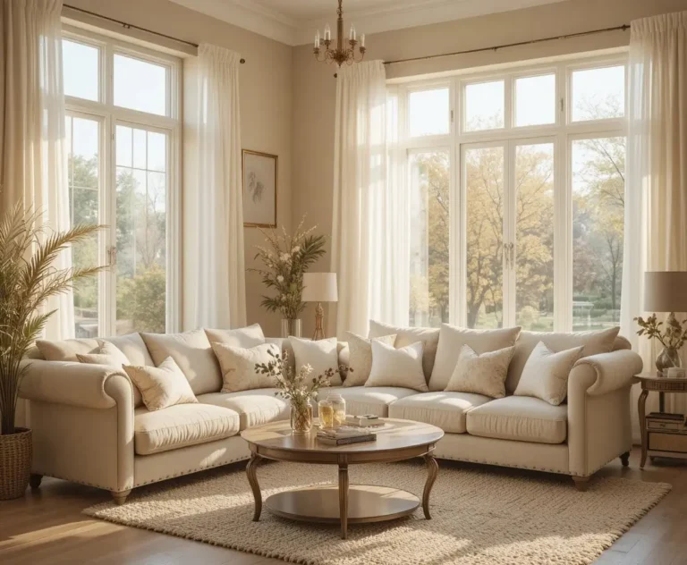 Cozy living room interior design with warm neutral tones and natural light