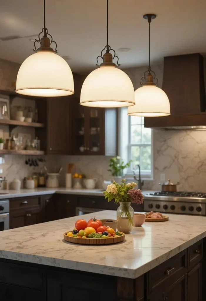Dome shaped pendant lights providing task lighting over island