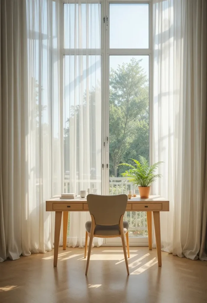 Desk positioned near window for natural light in living room