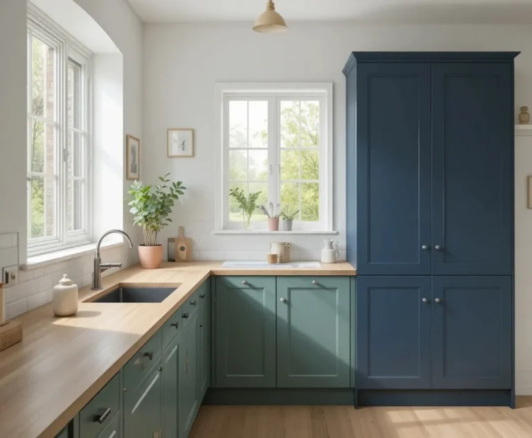 Kitchen cabinet color ideas swatches showing sage green, navy blue, and white options
