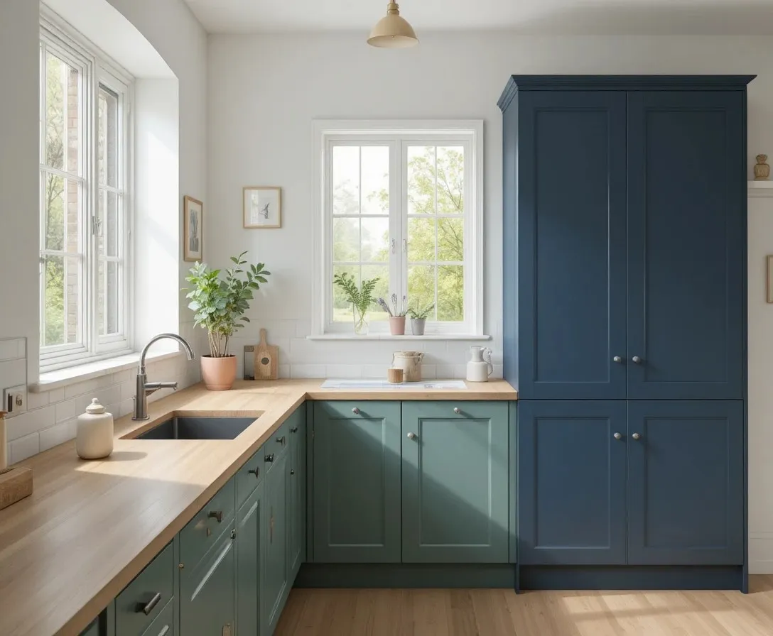 Kitchen cabinet color ideas swatches showing sage green, navy blue, and white options
